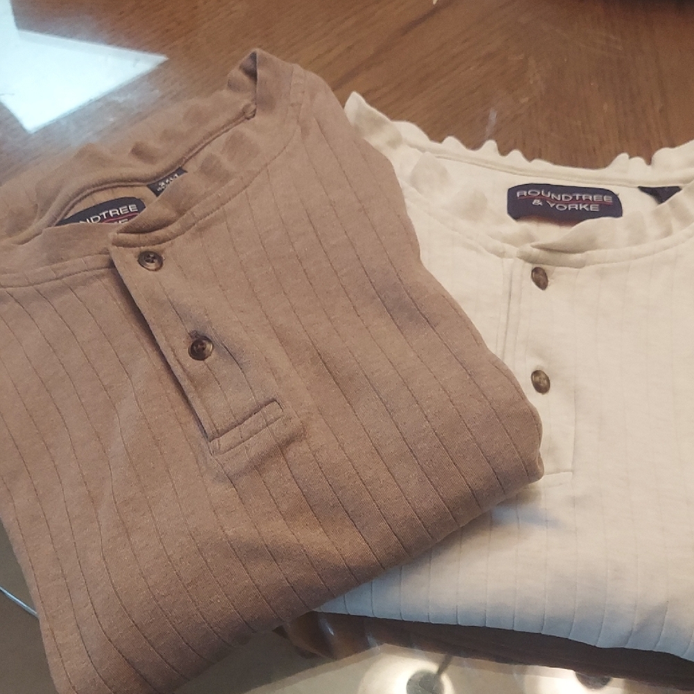 Bundle Of Two Roundtree & Yorke Cream Ribbed Henley Shirt
